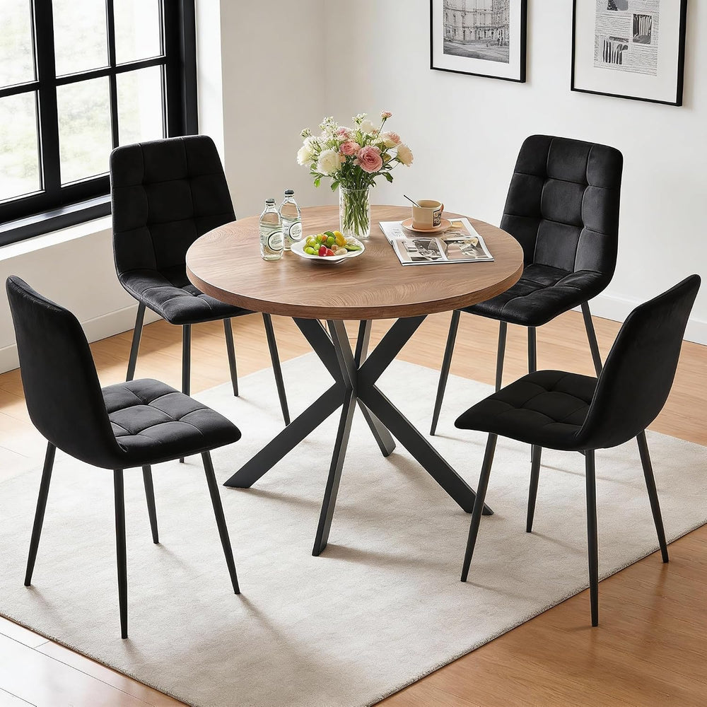 5-Piece Round Dining Table Set - Kitchen Table Chairs Set of 4 with Black Vel...
