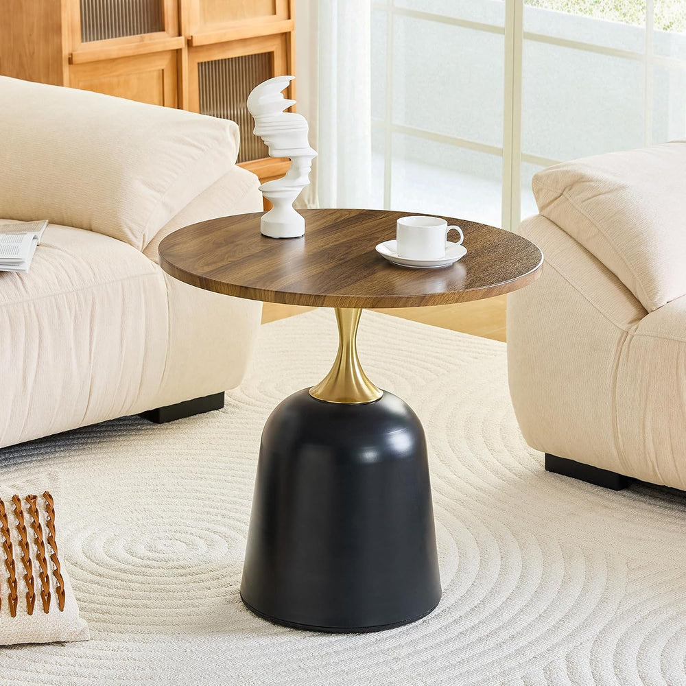 Round Side Table, 23.6 Inch, Walnut Wood Top with Black and Gold Metal Base, ...