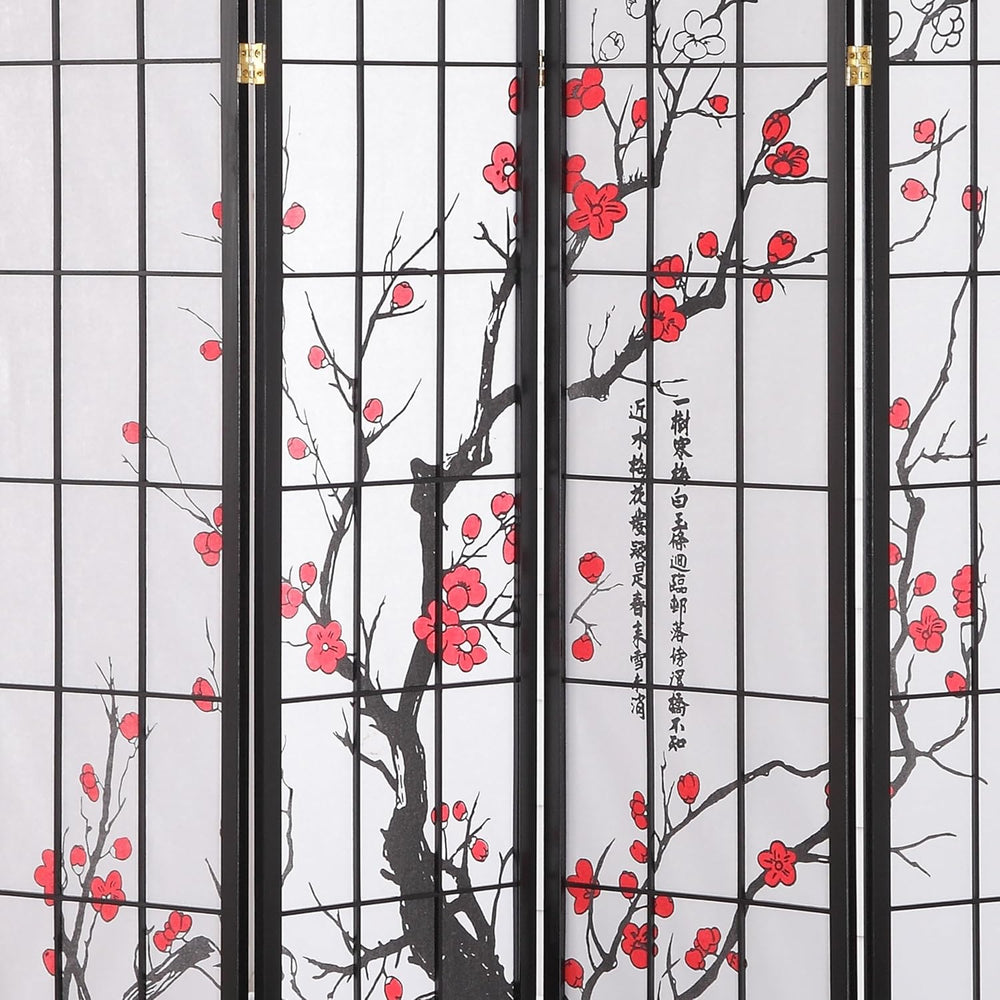 Roundhill Furniture Black Japanese 4-Panel Screen Room Divider, Plum Blossom