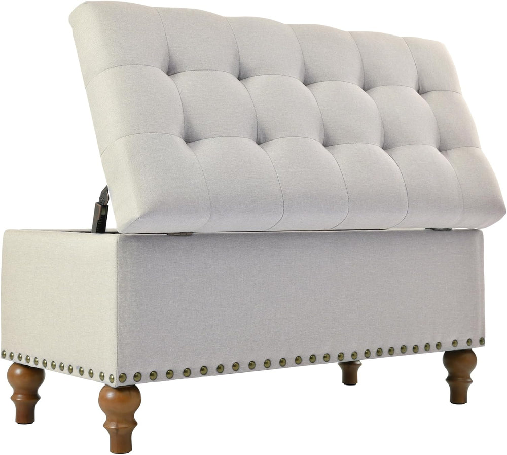Ottoman Storage Bench, recessed Support Hinge top Easy to Open, Rivet Trim Ar...
