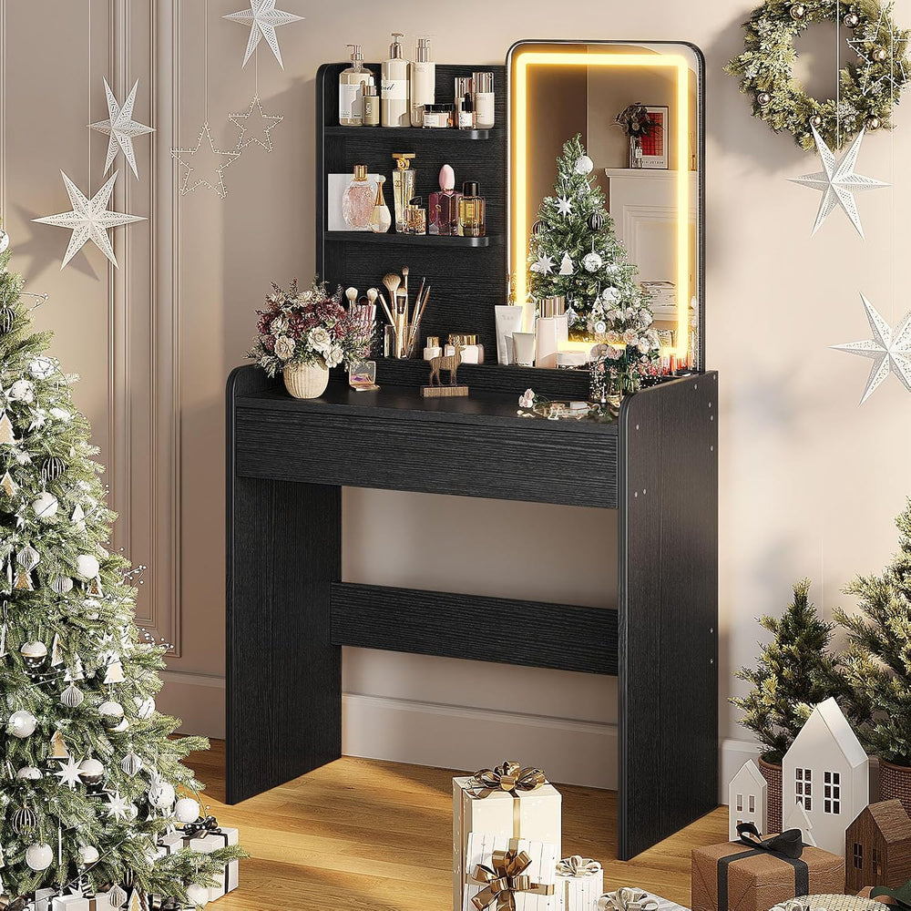 Memobarco Black Small Makeup Vanity Desk with Drawer & Storage Shelves | ...