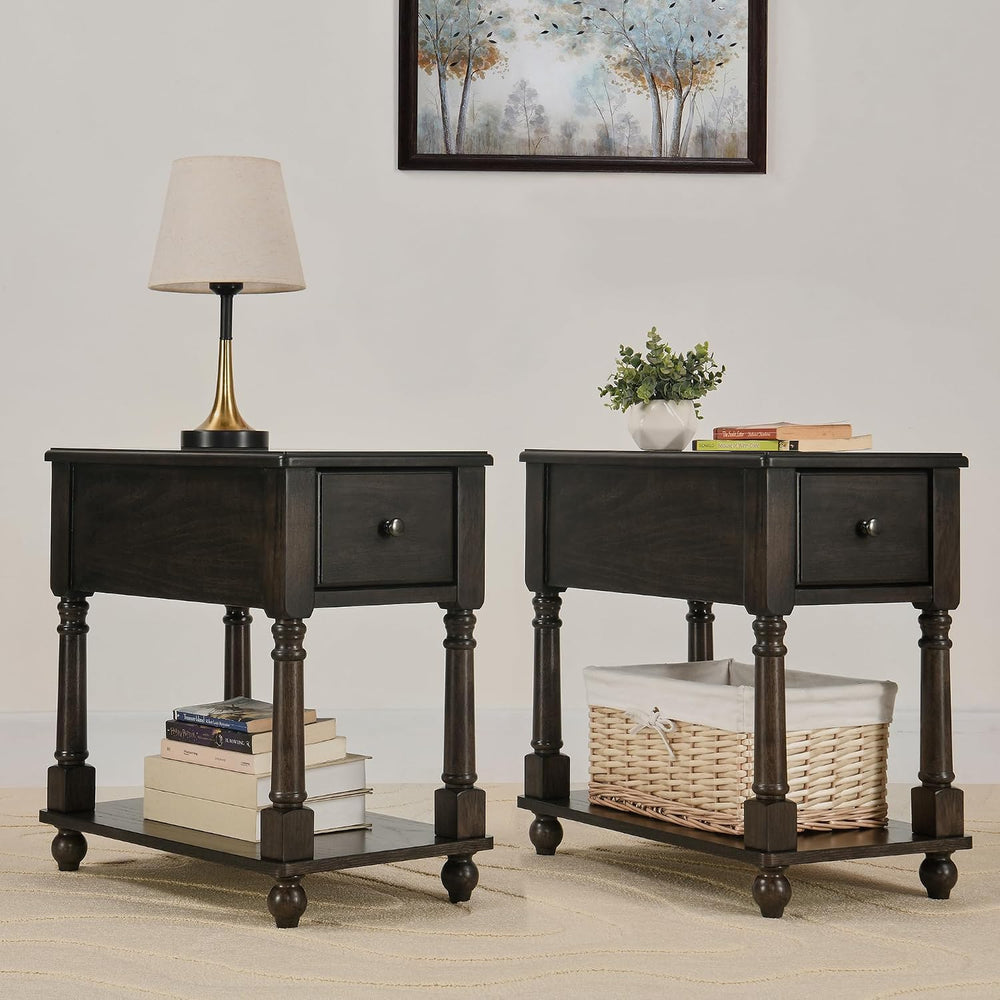 Set of 2 Narrow Open End Table with Drawer, Solid Wood Side Table 2-Tier Skin...