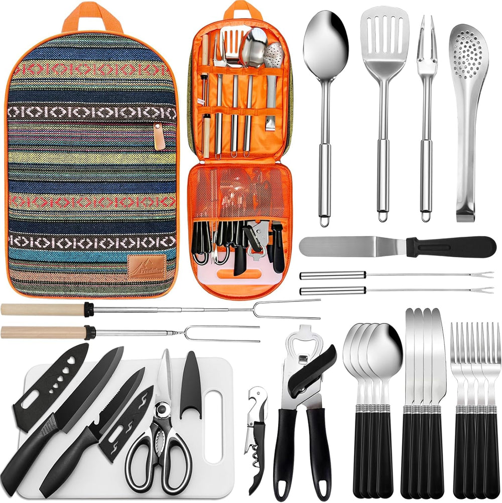 Portable Camping Kitchen Utensil Set-27 Piece Cookware Kit, Stainless Steel O...