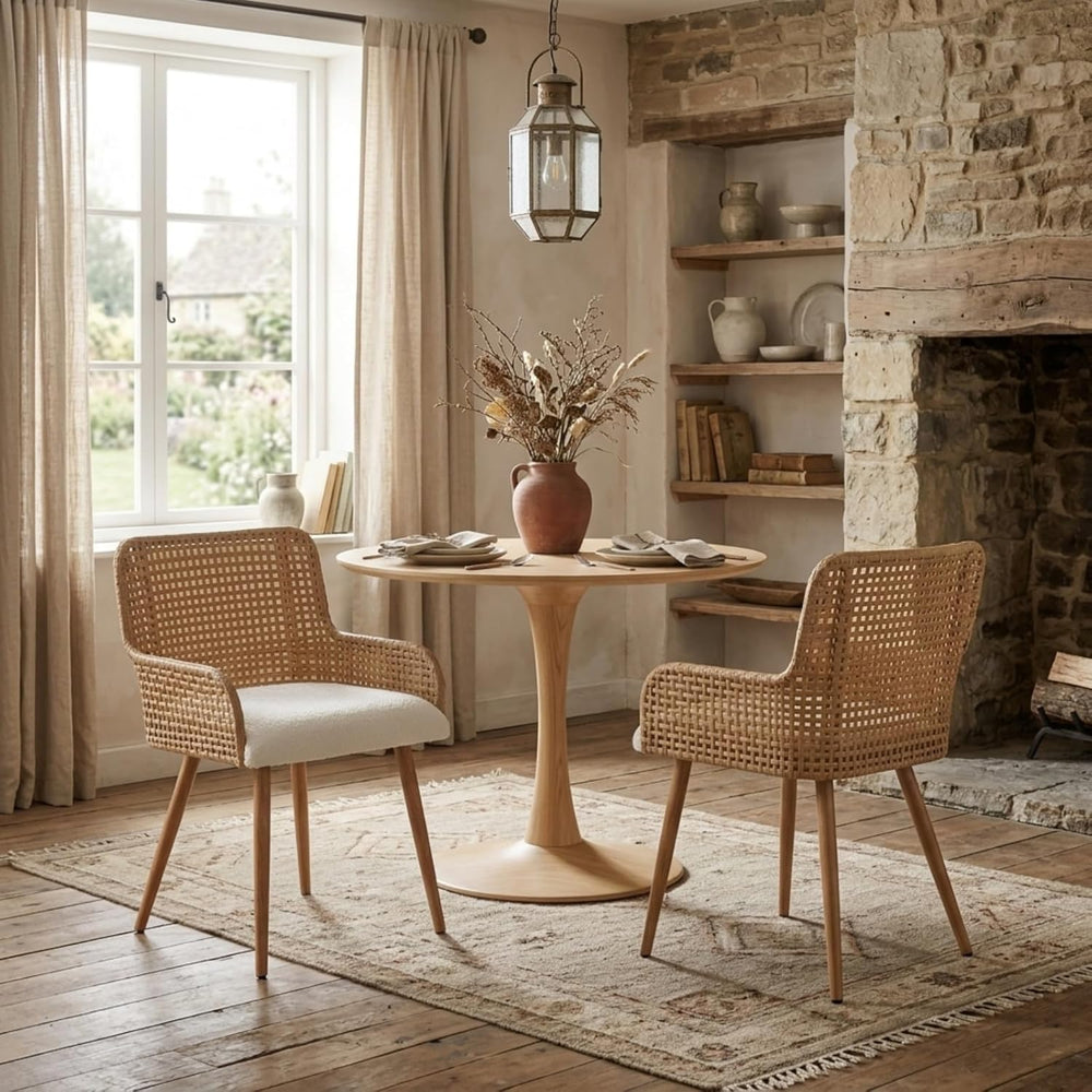 Rattan Dining Chairs Set of 2, Modern Upholstered Boucle Fabric Dining Chairs...
