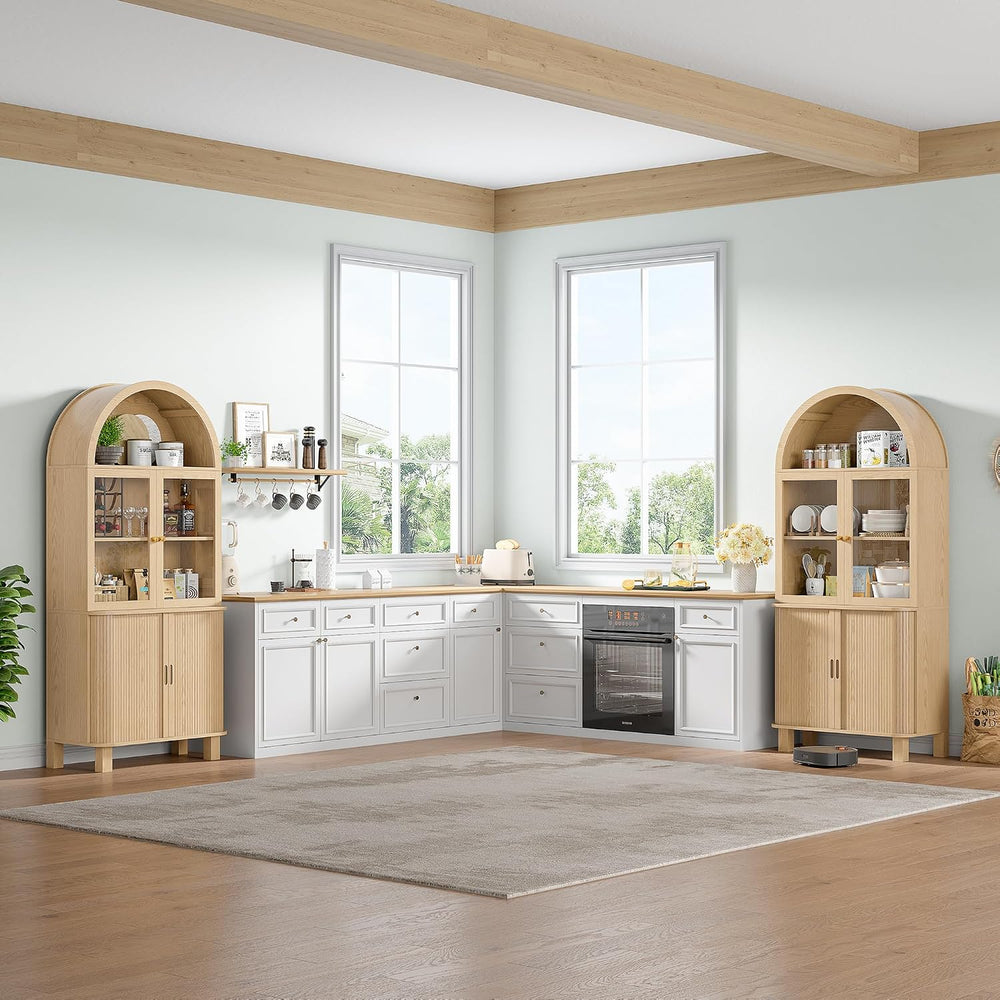 69" Tall Kitchen Pantry Storage Cabinet with Sliding Door, Modern Curved...
