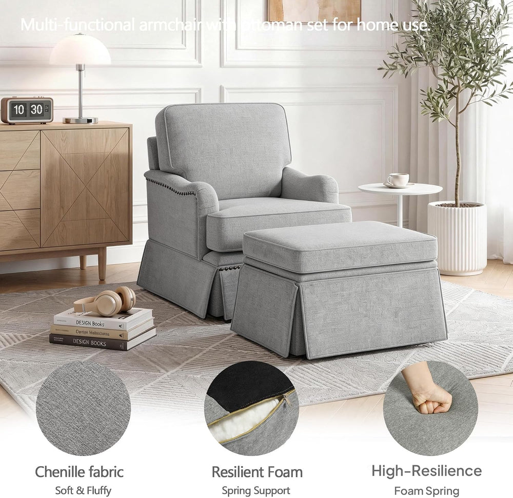Swivel Accent Chairs Set of 2 with Ottoman, Light Gray