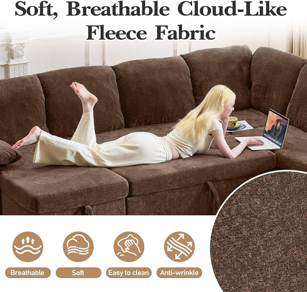 VINGLI Sectional Sleeper Sofa with Pull Out Couch Bed, 111 Inch U-Shaped Conv...