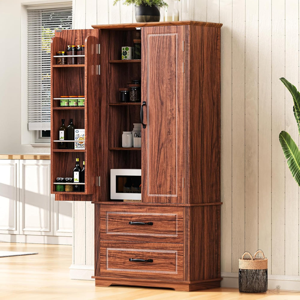 71" Kitchen Pantry with 2 Large Drawers,Embossed Texture Freestanding Cu...