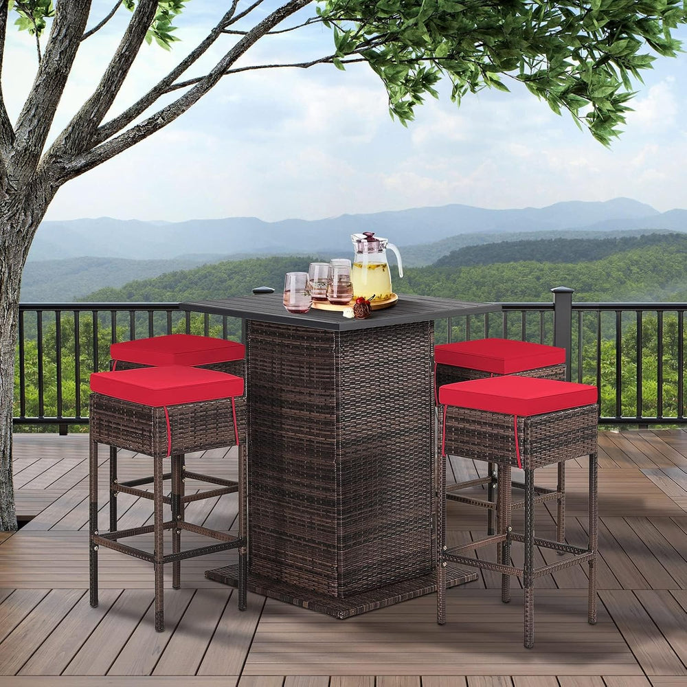 HAPPYGRILL 5 Pieces Rattan Bar Set, Outdoor Wicker Bar Table and 4 Bar Stools...