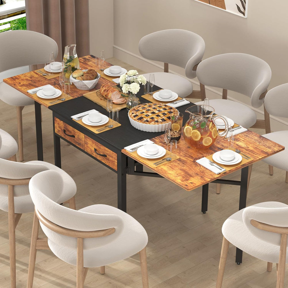 Folding Dining Table,Dining Room Table with Drawers,Industrial Extendable Tab...