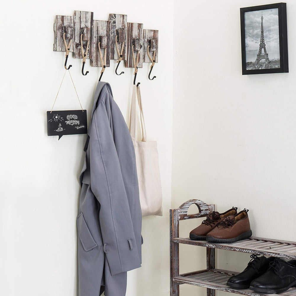MyGift Torched Wood Wall-Mounted Coat Rack with 6 Rope & Black Metal Hooks