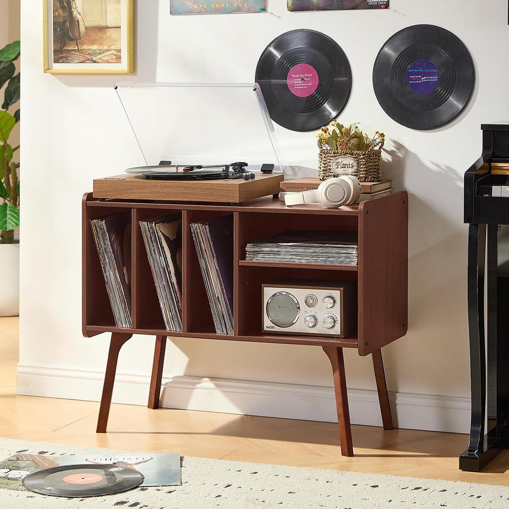 Lerliuo Record Player Stand with 4 Cabinet Holds Up to 220 Albums,Walnut | La...