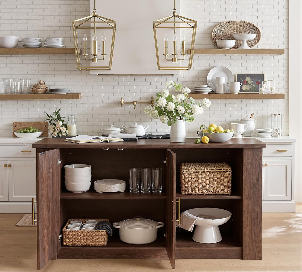 FORTUNETEC 62.9" Large Kitchen Island with Storage, Arched Doors, Walnut...