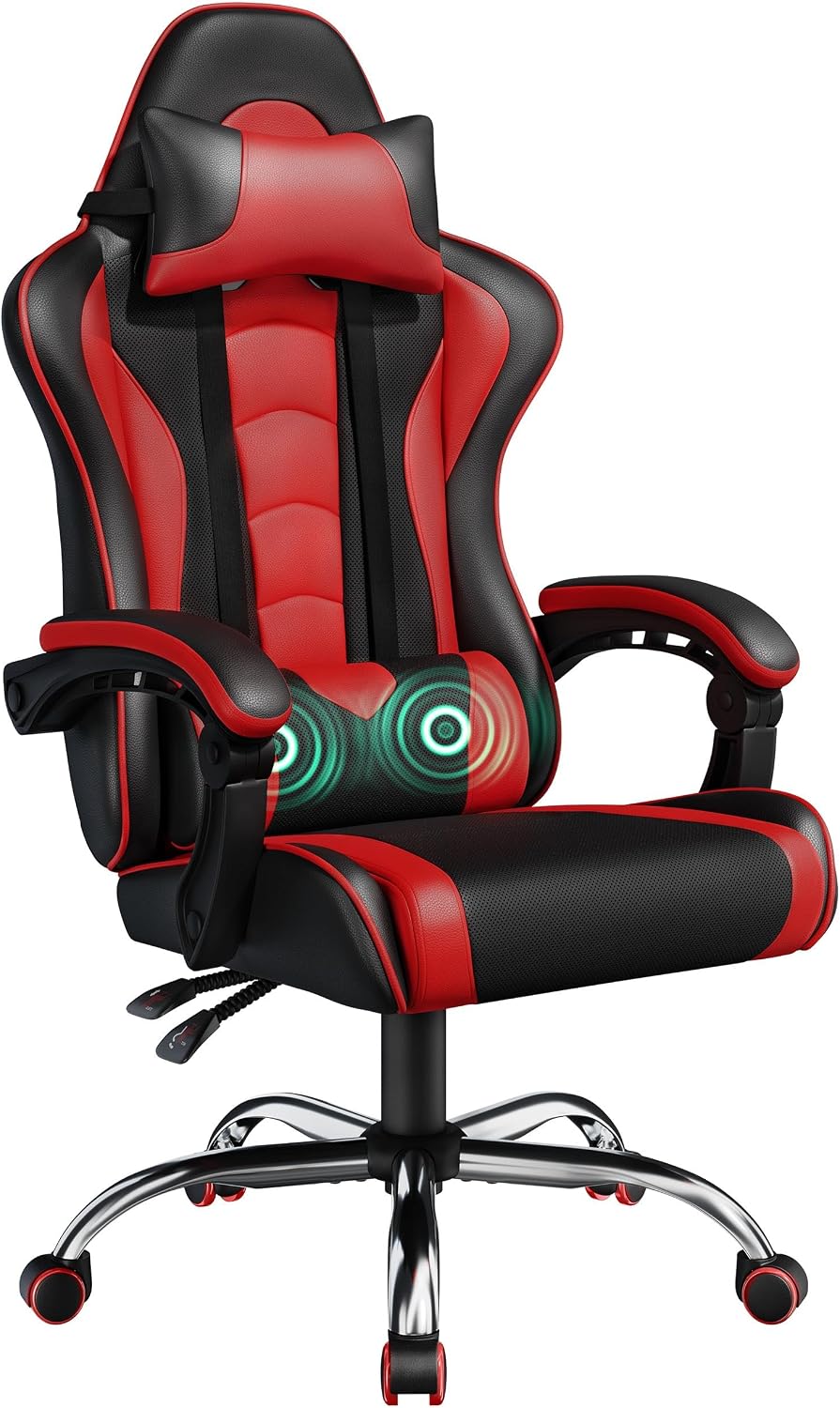 Yaheetech Gaming Chair with Massage Lumbar Pillow High Back Reclining Red | P...