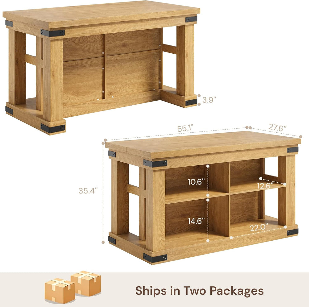 Viviwood 55" Kitchen Island with Storage and Seating, Farmhouse Wood Sta...