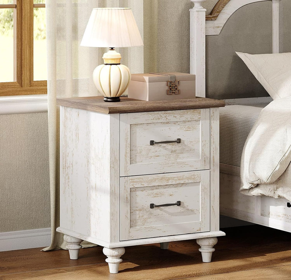 WAMPAT Nightstand Side Table with Charging Station, Antique White End Table w...