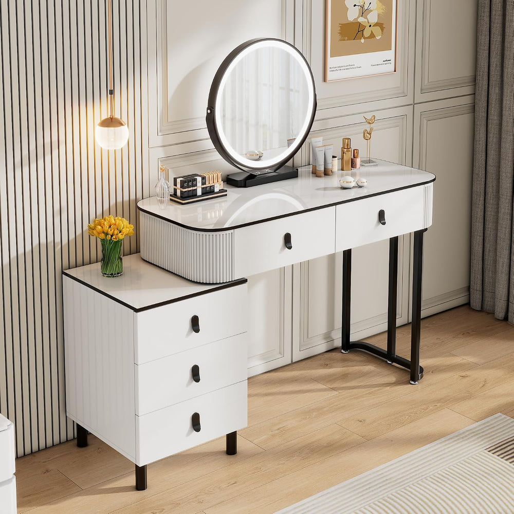 KDCAS Small Makeup Vanity Desk with Mirror and LED Lights | Modern Fluted Van...