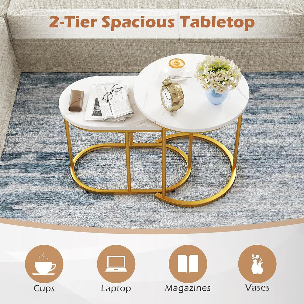 LDAILY Nesting Coffee Table Set with Marble-Look Top, 2-Piece | Golden Steel ...