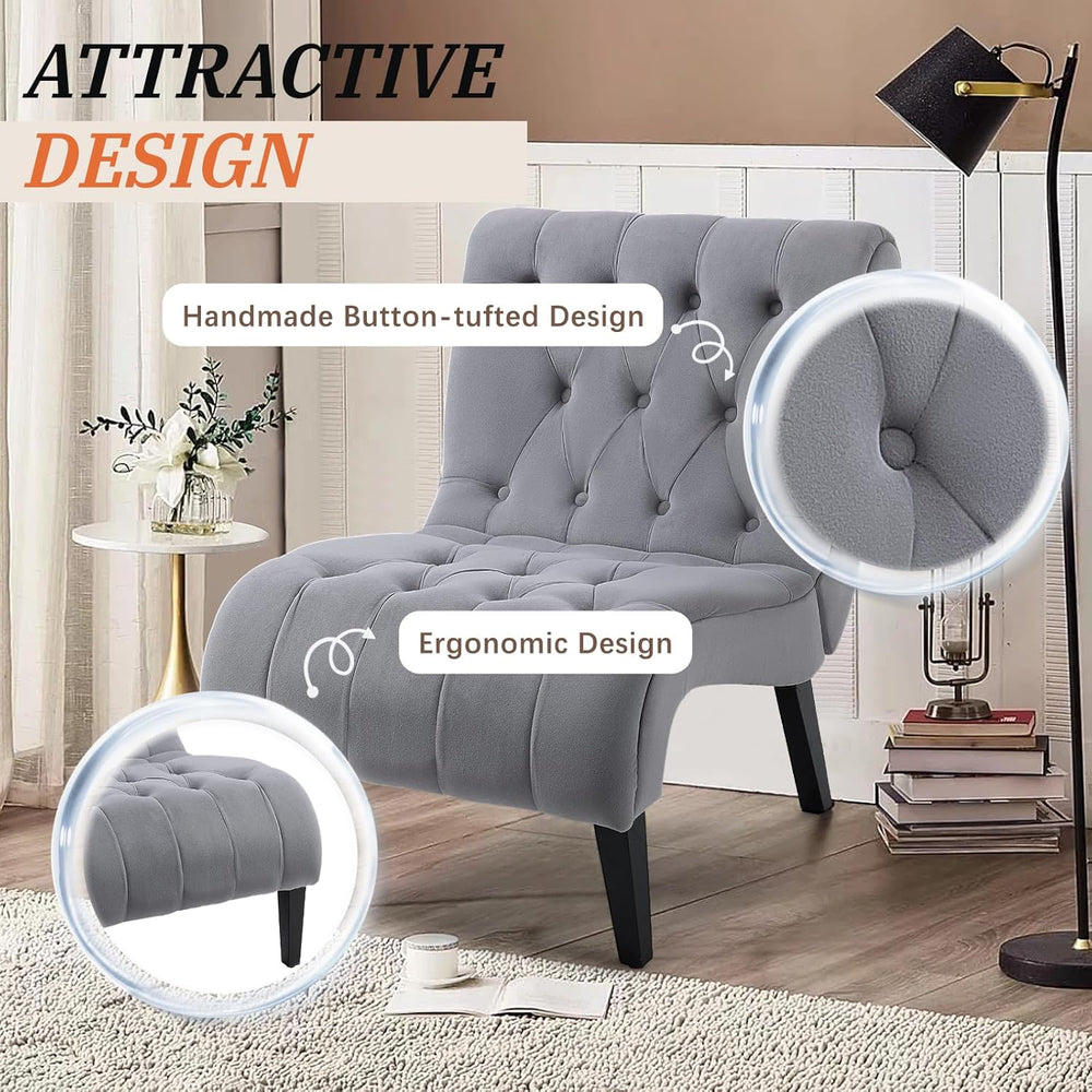 AVAWING Armless Tufted Velvet Accent Chair with Wood Legs, Grey | Soft fade &...