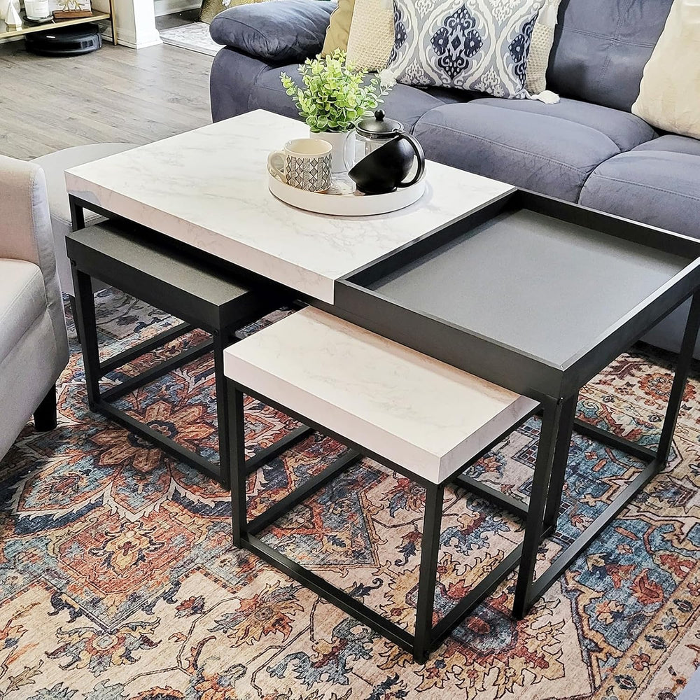 MAISON ARTS Nesting Coffee Table Set of 3, Marble White and Black | Rectangle...