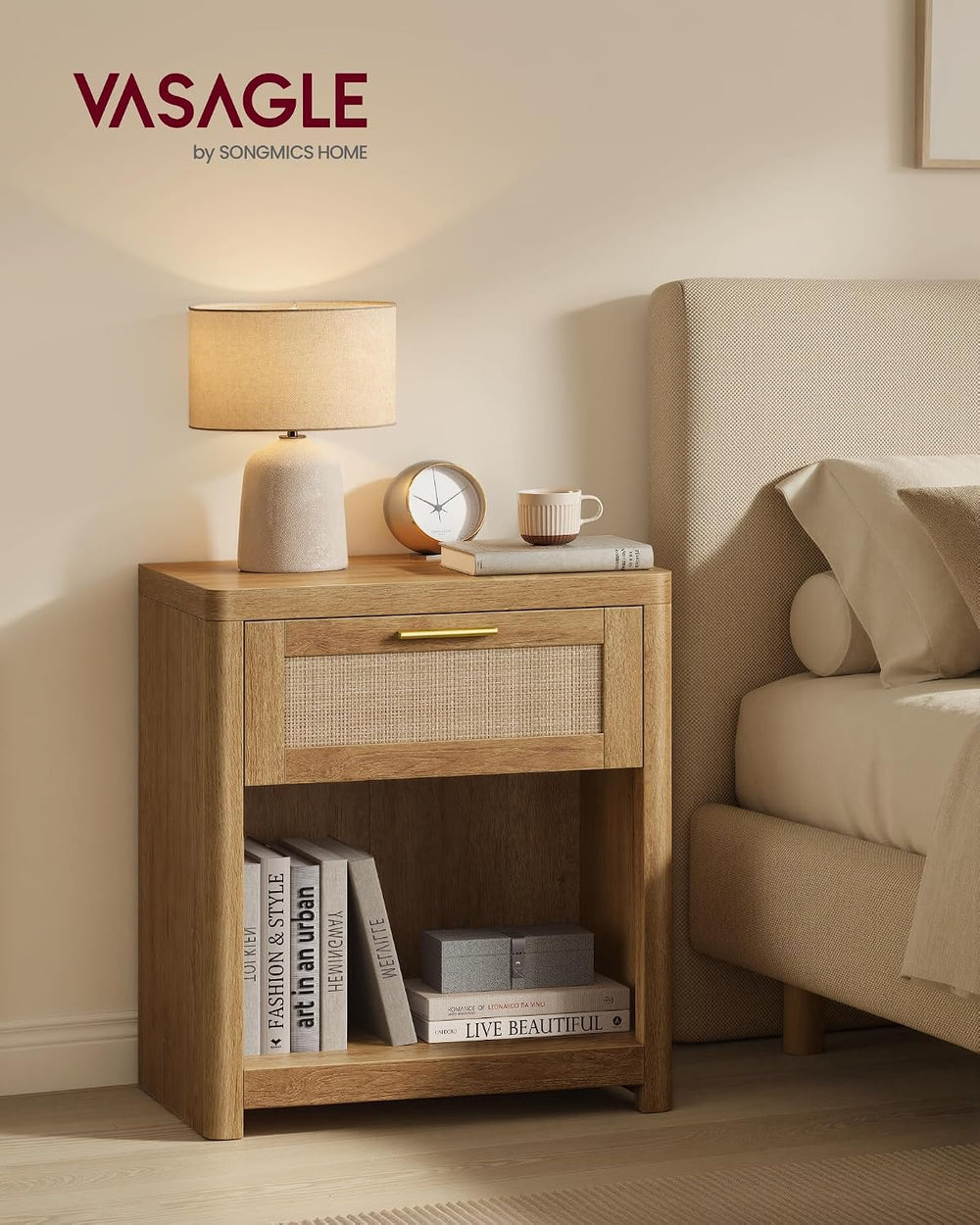 VASAGLE Set of 2 Boho Nightstands with Rattan-Look Drawer
