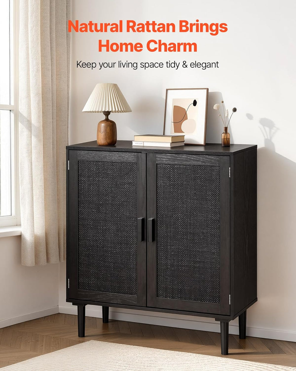 VEVOR Buffet Cabinet, Rattan Sideboard Cabinet with 2 Magnetic Doors and Adju...