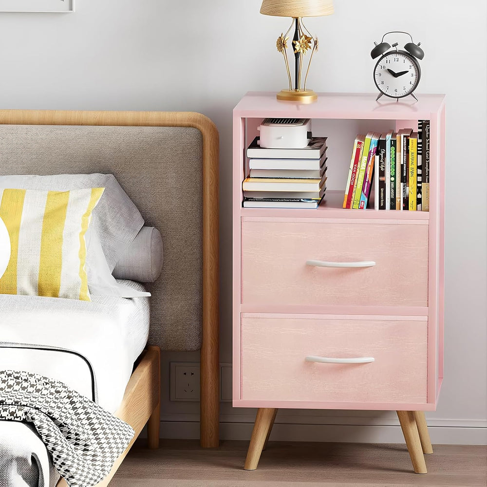 Aenuert Night Stand, Pink Nightstand with 2 Fabric Drawers, Wooden Side Table...