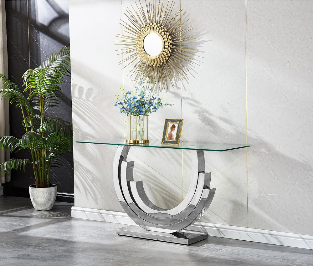 HomVent Glass Sofa Table with Silver Stainless Steel Base | 47"Rectangul...