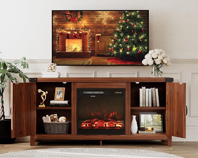 JUMMICO Fireplace TV Stand, Farmhouse Entertainment Center with Fireplace and...