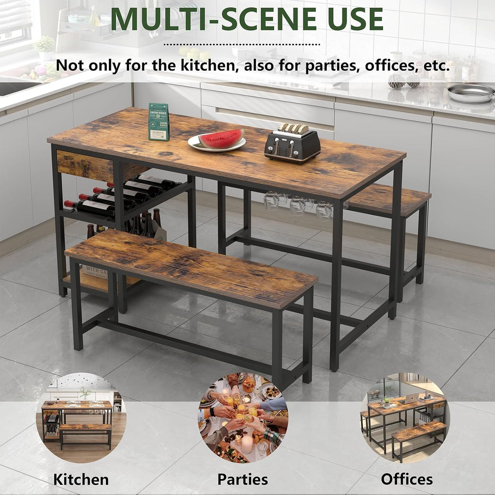 Dining Table Set for 4-6 People, 54.7" Kitchen Dinner Table with 2 Benches