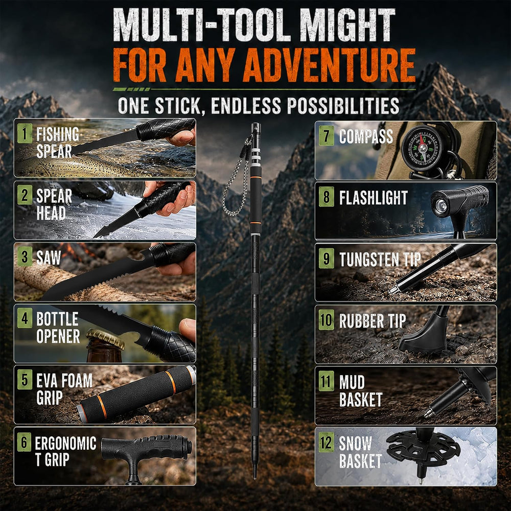 15-in-1 Tactical Hiking Stick, Aluminum Survival Walking Stick Self Defense