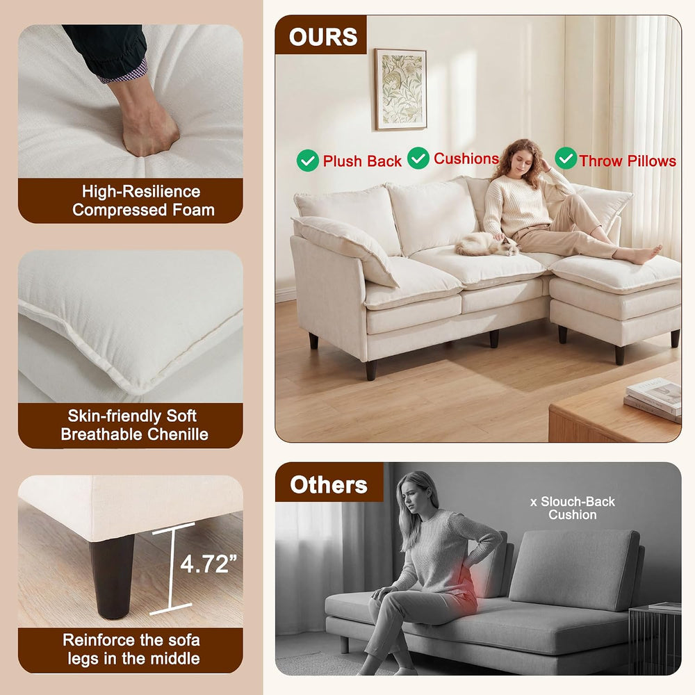 69" Couch Sofa L-Shape 3 Seat with Ottoman, Small Cloud Sofa Double-Laye...