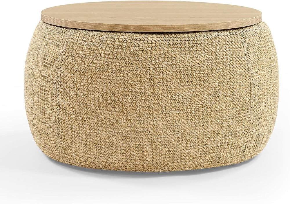 Round Storage Ottoman, 2 in 1 Function, Work as End Table and Ottoman, Natura...