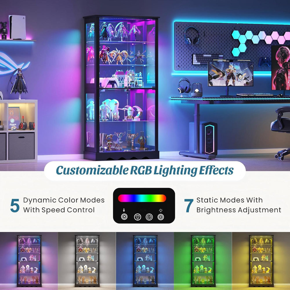 Dystler Display Cabinet with Glass Doors, RGB Lights for Collectibles