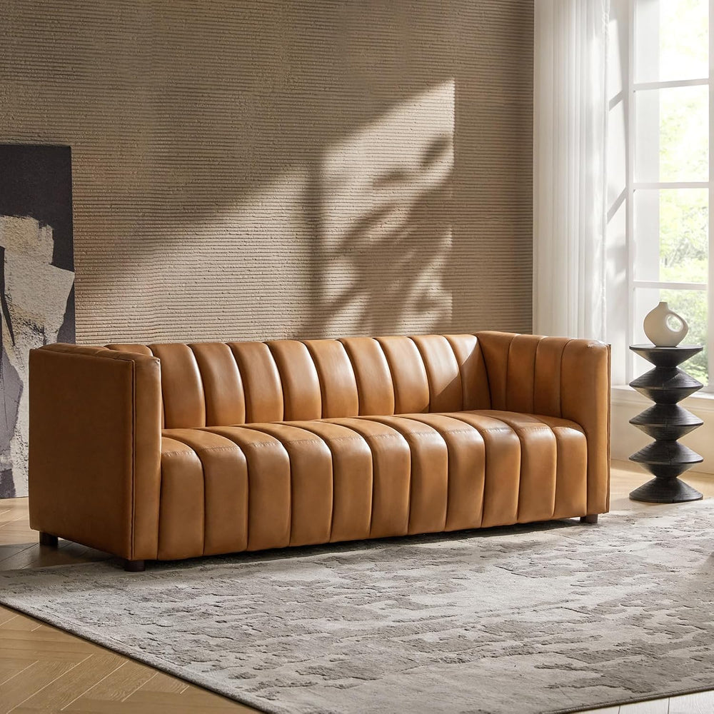 HULALA HOME 83" Genuine Leather Sofa with Channel Tufted Design, Camel