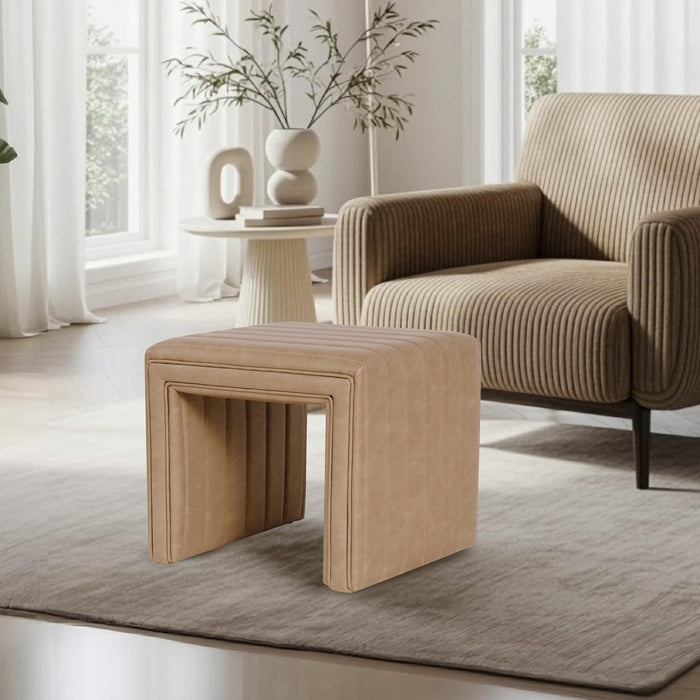 Spatial Order Modern Channel Tufted Faux Leather Ottoman | HomePop Home Décor | Ottoman for Living Room & Bedroom - Sand Faux Leather