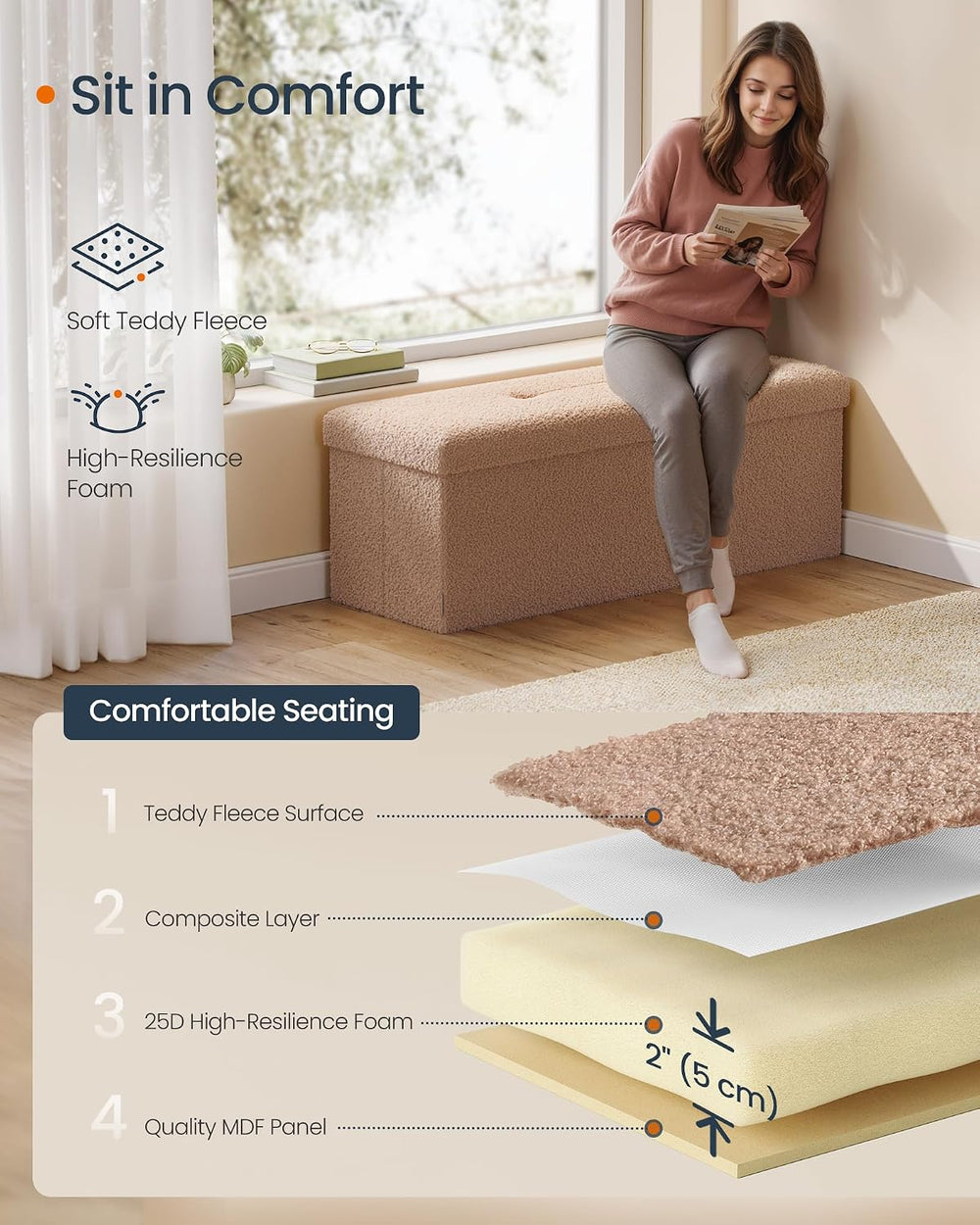 SONGMICS Large Folding Storage Ottoman Bench, 15 x 43 x 15 Inches | Foot Rest...
