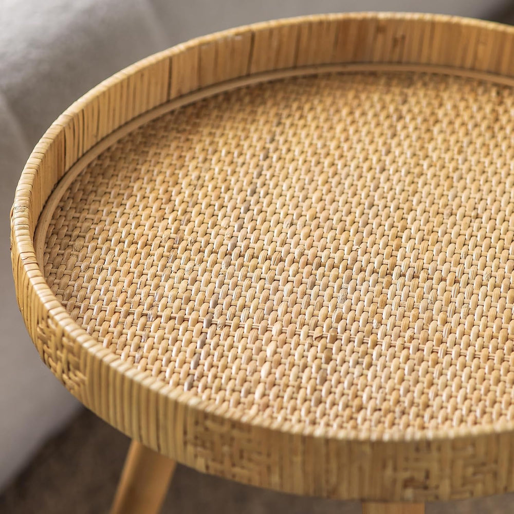 Round Side Table, Boho Circle End Table Coffee Table with Solid Wood Leg, Rat...
