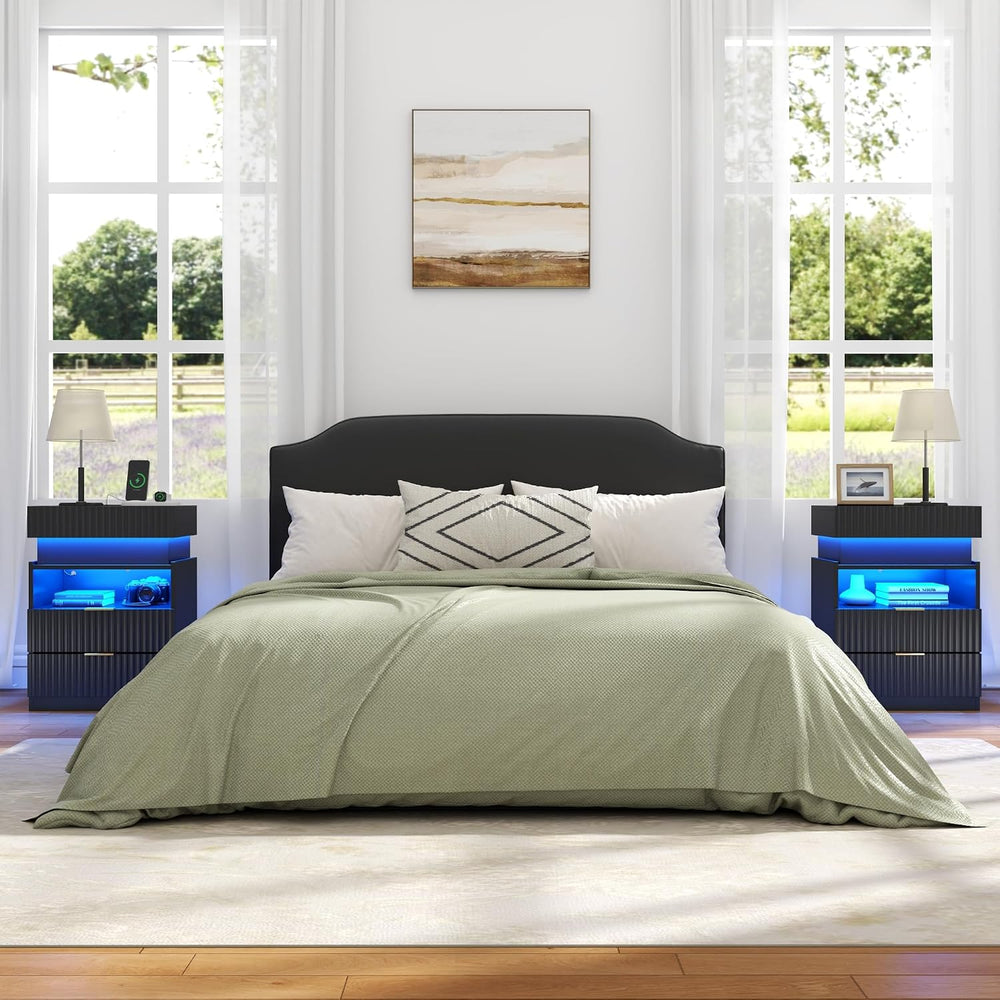 Night Stand with Wireless Charging Station, Black Bedside Table with Hidden G...