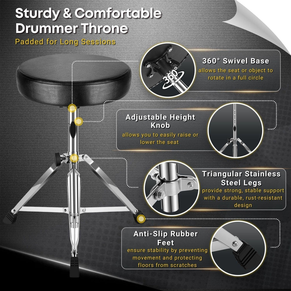 Flexzion Drum Throne, Adjustable Padded Drum Stool, 12-Inch Seat, Black