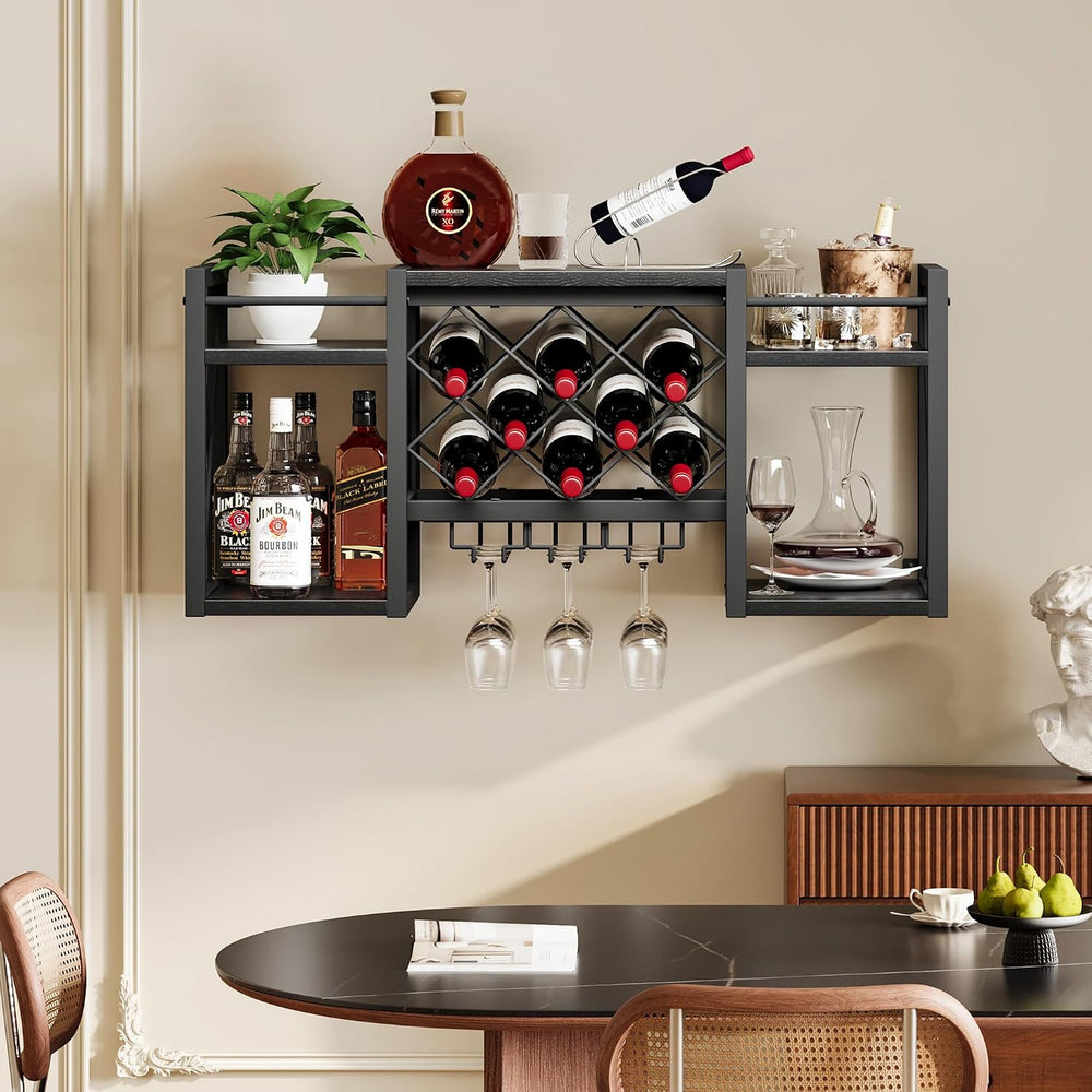 Wall Mounted Wine Rack with Glass Holder, Wood-Metal Retro Bar Shelf, Wine Bo...