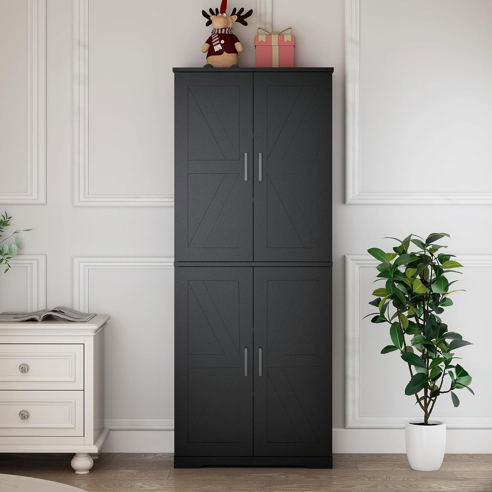 Farmhouse Storage Cabinet with 4 Door, Kitchen Pantry Storage with 4 Adjustab...