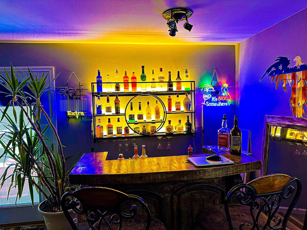 Liquor Bottles Bar Shelves Wall Mounted with LED Lighting Glass Holder, Wine ...
