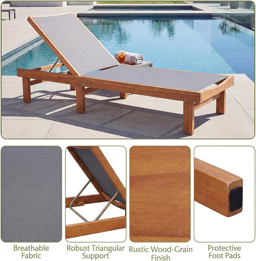 COSTWAY Set of 2 Patio Wood Chaise Lounge Chair, Strong Eucalyptus Wood Frame...