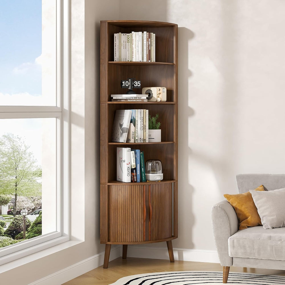 66'' Tall Corner Bookshelf with 2 Fluted Sliding Doors,Walnut