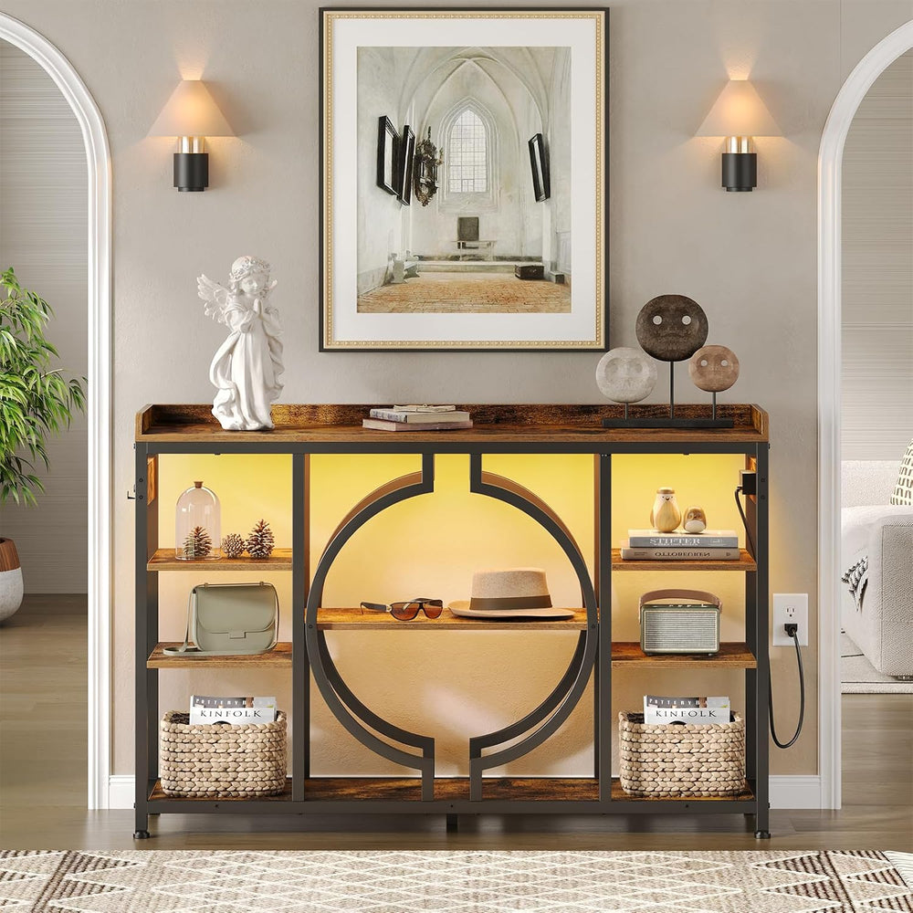 47.2 Inch Console Tables with Charging Station and LED Light, Rustic Brown