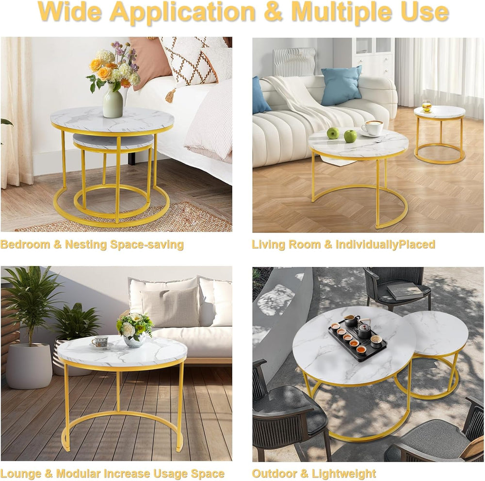 Round Nesting Coffee Tables Set: White Gold Marble Nesting Coffee Table Set o...