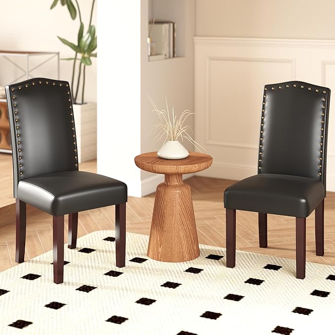 LSSBOUGHT PU Dining Chair Set of 2 Upholstered Parsons Kitchen Chair with Cop...