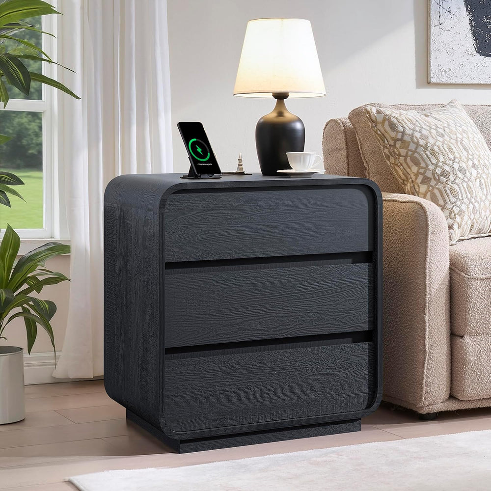 Standifurno Black Curved Night Stand Set of 2 with Charging Station, 25"...
