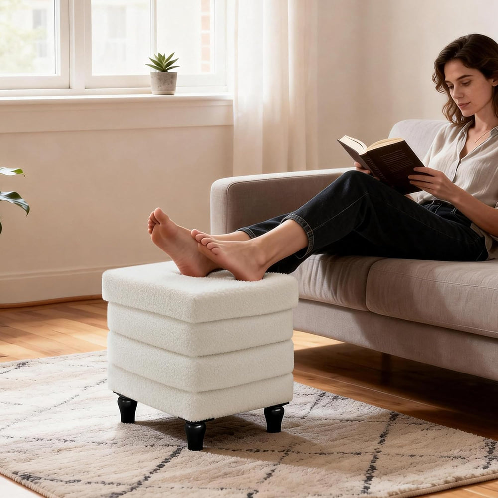 CAROLMADE Folding Storage Ottoman Cube Sherpa Footstool with Wood Legs Ottoma...